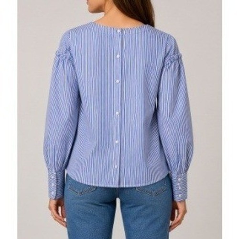 Sienna Sky Women's Blue White Striped Puff Shoulder Pearl Back Button Top Size M